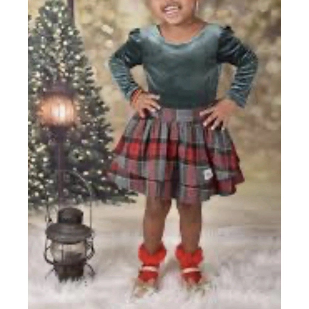 Makena Lane Toddler Size 3 Plaid Velvet L/S Dress Gold Bow Festive